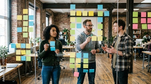 A diverse creative team discusses colorful sticky notes on a glass wall in a modern brick office, useful for teamwork, planning, and agile project marketing.