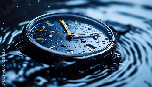 Elegant wrist watch half submerged in water with ripples and surface tension and dark blue lighting.