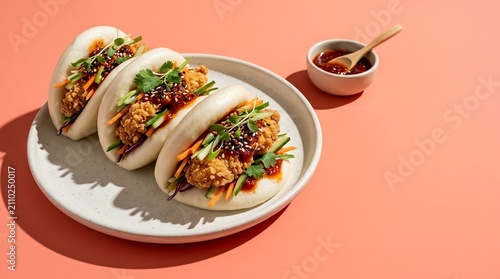 Three steamed bao buns with crispy fried chicken, fresh vegetables, and sesame glaze on a white plate over peach background