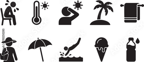 Quadro su tela Summer vacation icon set black color, person suffering from heat stroke thermometer with high temperature sun with rays sweating person
