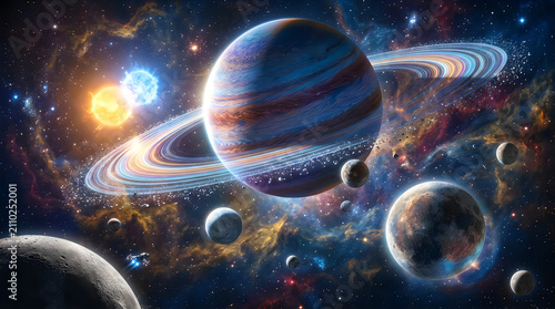 Ringed planet in deep space. Cosmic view of a giant alien world with moons and stars.