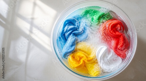 Colorful clothes soaking in detergent water with dissolving washing powder and soft foam, illustrating laundry care, fabric cleaning, freshness, and household hygiene.
