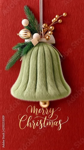Fluffy soft bell, Christmas ball, berry. Merry Christmas card on a red background.