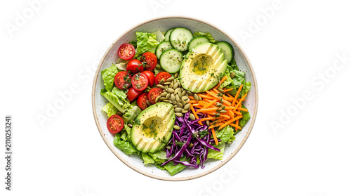 Fresh garden salad bowl with avocado and tomatoes, healthy vegetarian buddha bowl on white background, nutritious vegan meal with colorful vegetables