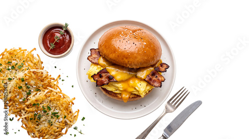 Gourmet breakfast burger with scrambled eggs and crispy bacon, golden hash browns on the side, hearty morning meal on white background