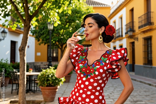 Woman in red polka dot dress sips white wine. Elegant lady with rose in hair enjoys drink on sunny spanish street. Festive outfit, traditional style, summer day vibe.