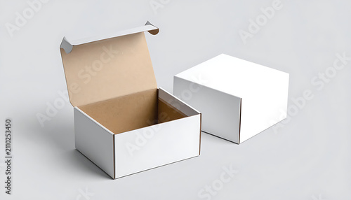 Two cardboard boxes, one open and one closed, on a plain background, ideal for packaging or shipping concepts