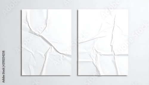 Two crumpled white paper sheets showing tears and creases, isolated on a gray background, graphic element