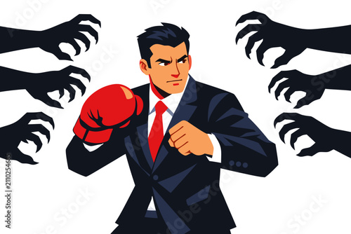 Confident businessman in red boxing glove fighting shadowy clawing hands, dramatic corporate combat stance symbolizing business resilience and overcoming adversity