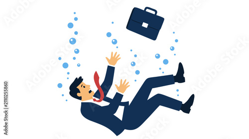 Drowning Businessman Sinking Underwater with Floating Briefcase and Rising Bubbles, Financial Crisis Metaphor, Corporate Struggle Concept Art