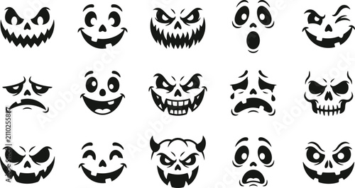 Cuadro en lienzo Set of spooky pumpkin carving faces and scary halloween jack o lantern expressio