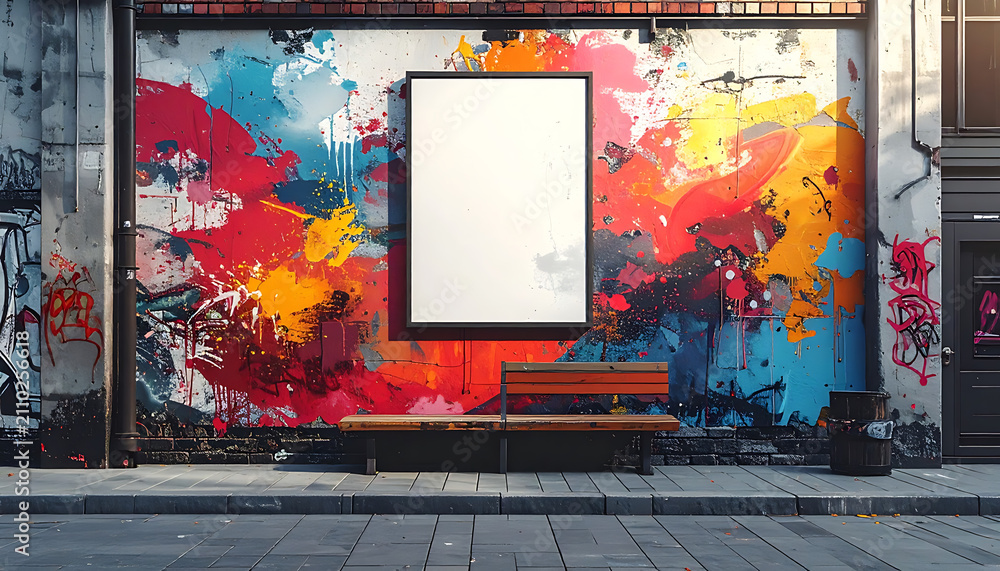 Obraz premium Urban street art mural with blank poster frame and wooden bench on sidewalk, vibrant paint splatters and pixelated design on building wall