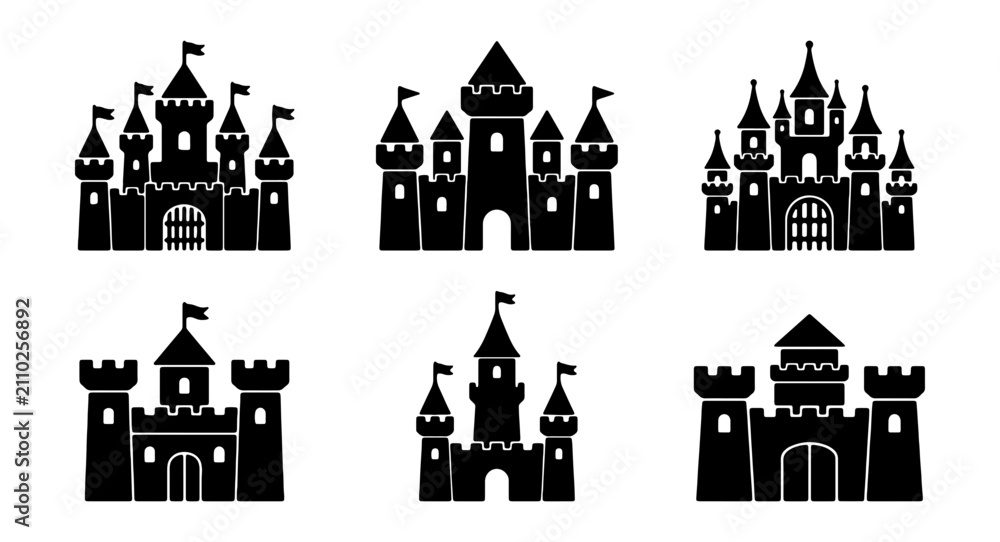 Fototapeta premium Medieval castle silhouette icons, set of 6 fairytale fortress vector illustrations, black royal palace and kingdom stronghold symbols for gaming and maps