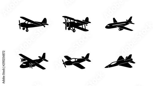 Bild auf Leinwand Vintage airplane silhouettes set of 6 icons, retro biplane and modern jet aircra