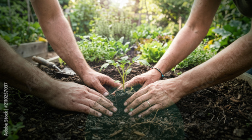 Foto Close-up of two people's hands carefully planting a young green sprout in fertile soil, working together in a sunny community vegetable garden