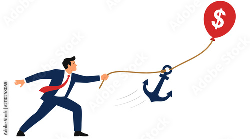 Businessman in suit pulling anchor rope attached to dollar sign balloon, financial burden and economic weight metaphor illustration