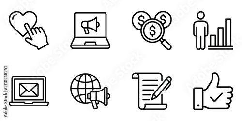 Digital marketing and social media line icon collection with marketing business feedback megaphone