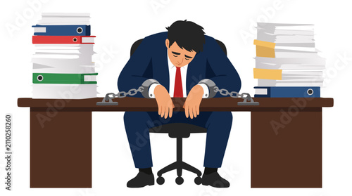 Exhausted businessman in navy suit chained to desk surrounded by towering stacks of paperwork, depicting corporate burnout and work overload stress