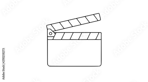 Minimalist vector illustration of a film clapperboard icon in clean line art style. Perfect for movie production, cinema, and filmmaking concepts. Scalable outline design for modern applications.