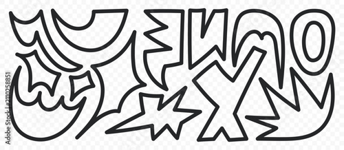 Black hand-drawn abstract sharp doodle shapes with bold outlines, isolated on transparent background. Vector-style elements for posters, stickers and modern layouts.