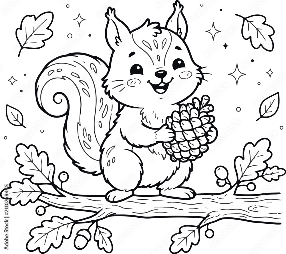 Fototapeta premium Cute cartoon squirrel holding an acorn sitting on a tree branch surrounded by falling autumn leaves for coloring