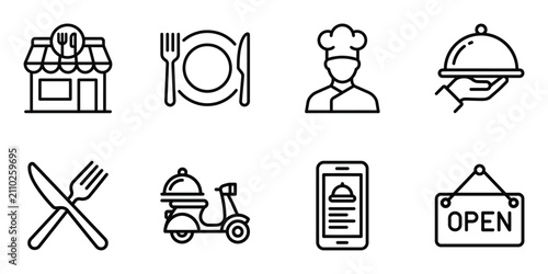 Obraz na płótnie Restaurant and food delivery service linear icon set with restaurant delivery or