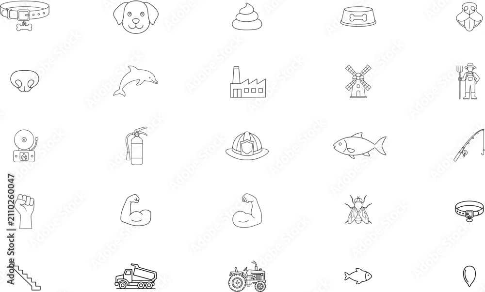 Fototapeta premium Comprehensive Bundle of 25 Hand-Traced Minimalist Vector Icons Featuring Animals, Industrial Equipment, Sports, and Nature Elements in a Clean Line Art Style for Professional Graphic Design Projects