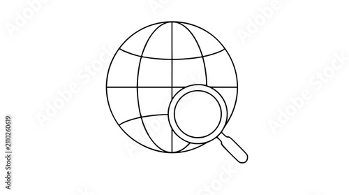 Minimalist vector illustration of globe with magnifying glass icon in clean line art style. Global search concept, worldwide research symbol, scalable outline design for digital applications and web
