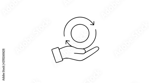 Canvas Print Hand-drawn minimalist vector icon of a hand holding a circular coin with a rotat