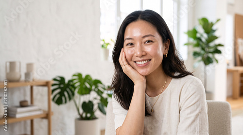 Portrait of a smiling young Asian woman sitting in a bright modern home office.
