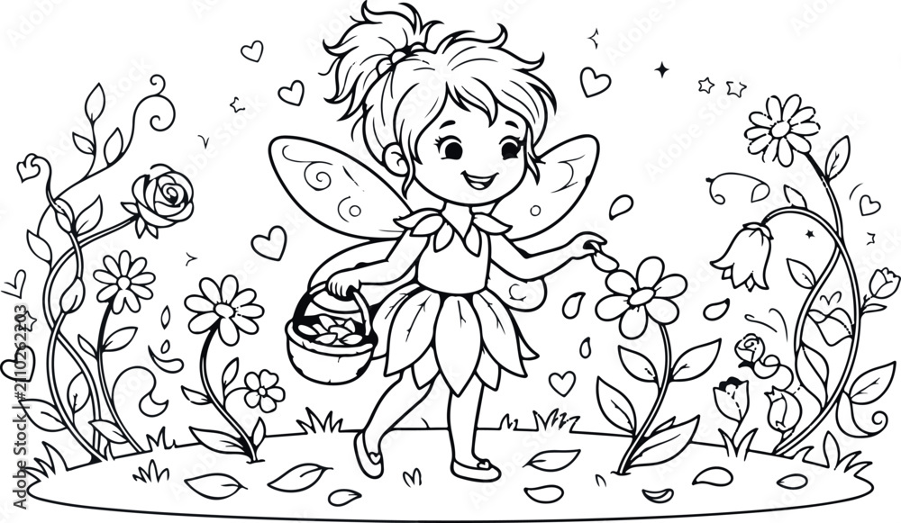Fototapeta premium A cute little fairy holding a basket while standing in a magical garden for a fun coloring page