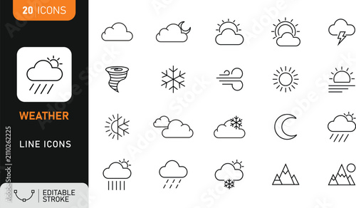 Weather Line Icon Set with Cloud Sun Rain Snow and Wind Symbols