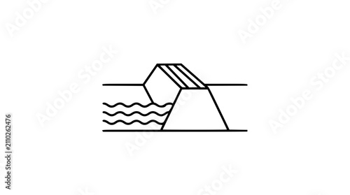 Canvas Print Minimalist line art vector icon of levee dam structure with water waves, hand-dr