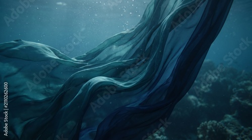 Deep blue flowing silk wave fabric background with underwater motion effect