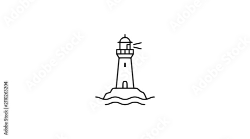 Foto Minimalist vector icon illustration of a lighthouse standing on a rocky island surrounded by ocean waves, featuring a beacon light beam, clean line art style for maritime, travel, and coastal themes