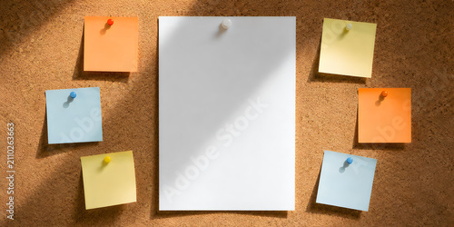 Blank white paper mockup on cork board, colorful sticky notes with push pins, office message board with natural sunlight shadow isolated on White Background ai