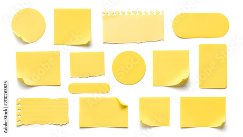 Yellow sticky notes collection, blank paper memo pads with curled corners, torn notebook sheets for office reminders and planning isolated on White Background ai