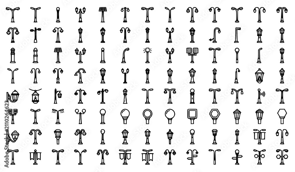 Fototapeta premium Street Lamp Line Icon Set Editable Stroke Outdoor Lighting
