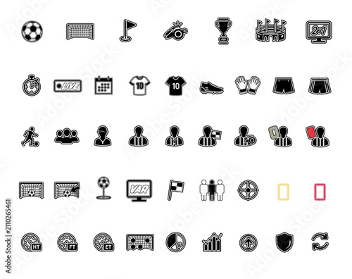 Photography Football and Soccer Match Black Line Icon Set with Referee, Stadium, Equipment,