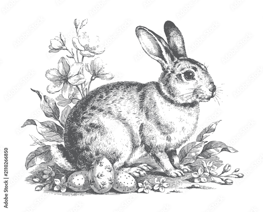Obraz premium Natural rabbit scene with flowers and leaves in black and white vintage artwork.