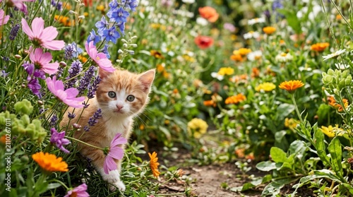 A ginger kitten peeks from a colorful garden path surrounded by cosmos, lavender, marigolds, and wildflowers, ideal for pet care or spring gardening promotions.