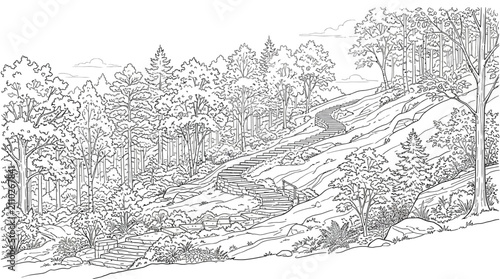 winding staircase on a forest path with stone steps a detailed nature drawing depicting an uphill climb through serene woodlands