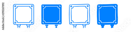 Four blue hand-drawn electrical junction box icons in outline and solid styles. Minimalist industrial sketches for technical designs.