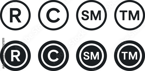 Cuadro en lienzo Eight black and white trademark and copyright symbol icons registered service ma