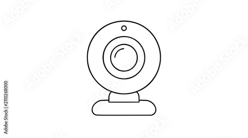 Minimalist vector icon of webcam for video conferencing and online meetings, featuring clean line art outline design, scalable graphic element for digital interfaces and communication technology.