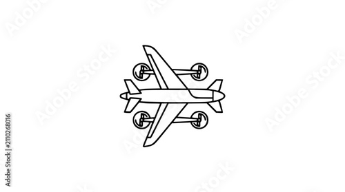 Minimalist line art vector icon of military drone quadcopter viewed from above, featuring four rotors and sleek design, perfect for technology and defense applications, clean scalable outline