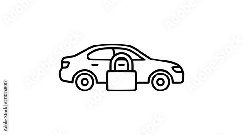 Canvastavla Vector illustration of a sedan car with padlock icon, hand-drawn line art style,
