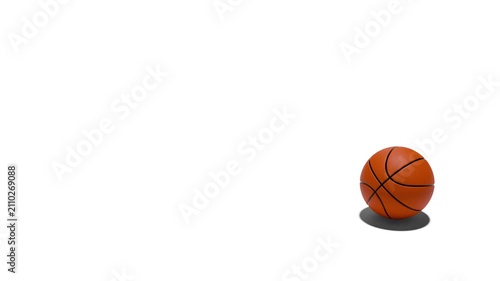 Basketball enters from the left, bounces and stops near the right side of the frame. Isolated on white background. Smooth realistic motion. Ideal for compositing, sports edits, overlays and video prod
