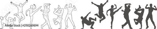 Фотография Dynamic collection of dancer and athlete silhouettes and line art vectors isolat