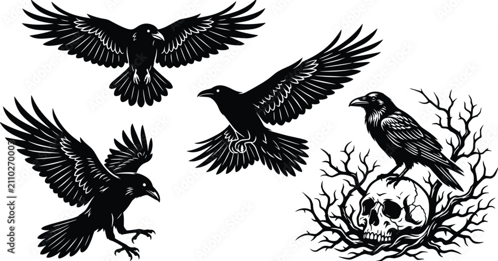 Obraz premium Black Raven Silhouette Collection with Flying Perched Crow and Gothic Skull Vector Set
